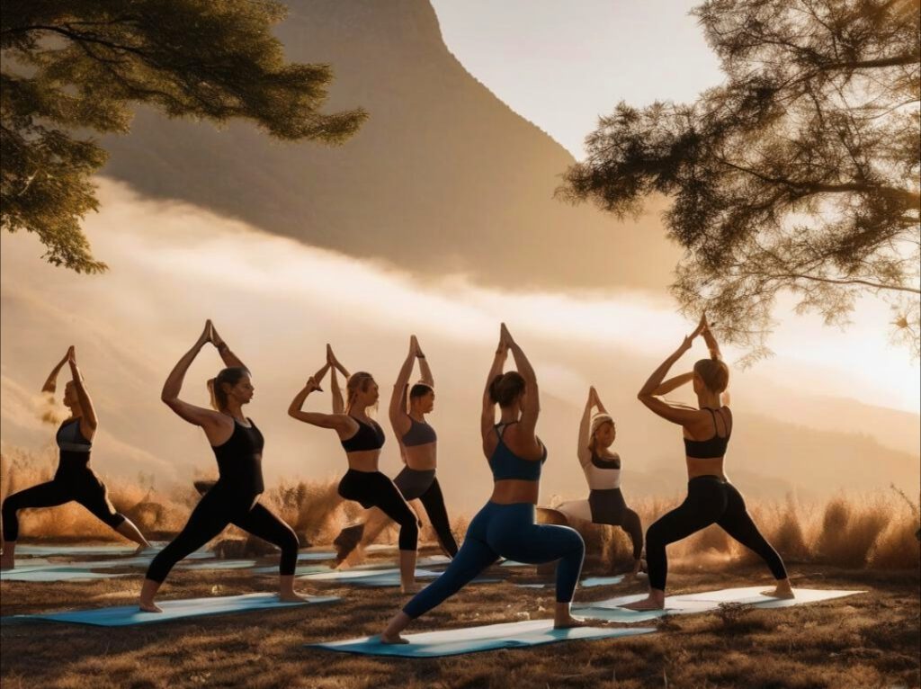 Eine Gruppe Frauen macht Yogaübungen in der Natur.