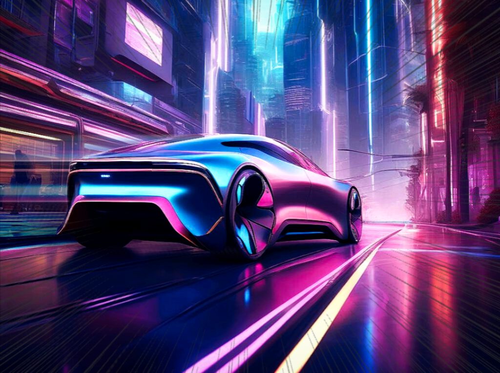 Ein futuristisches Auto fährt durch die City.