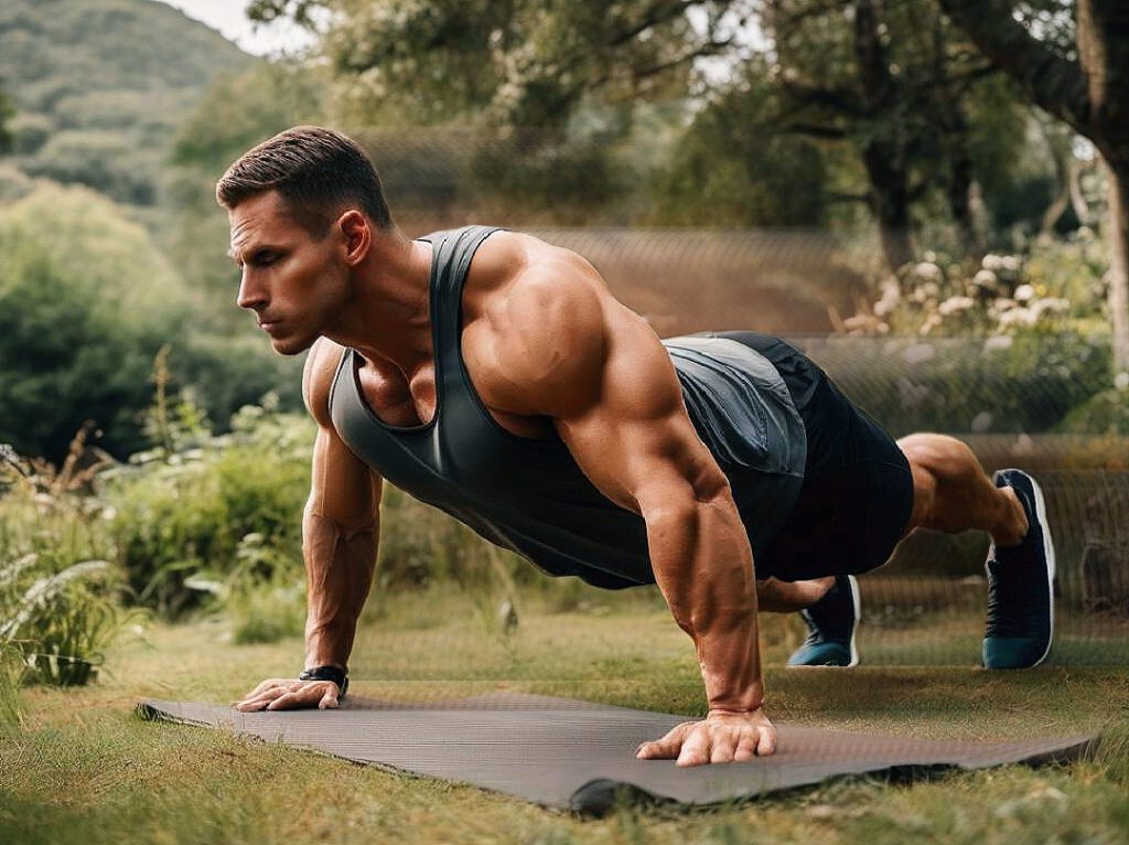 Ein muskulöser Mann macht Pushup Übungen.