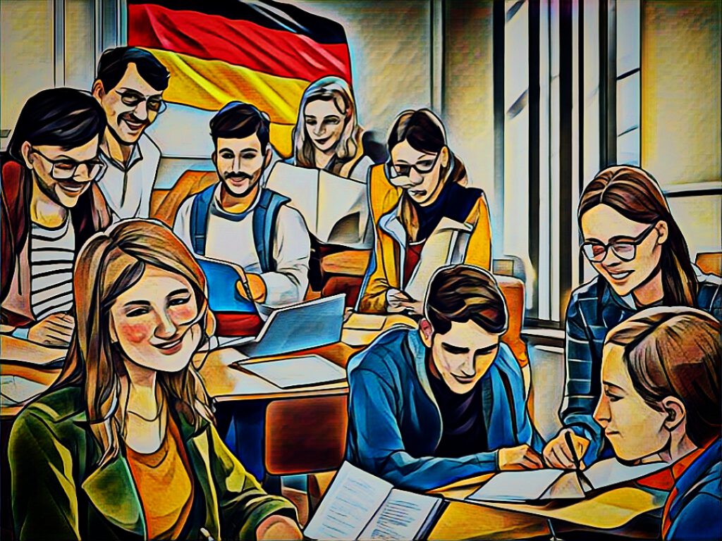 Ein gefülltes Klassenzimmer in dem Deutsch gelernt wird.