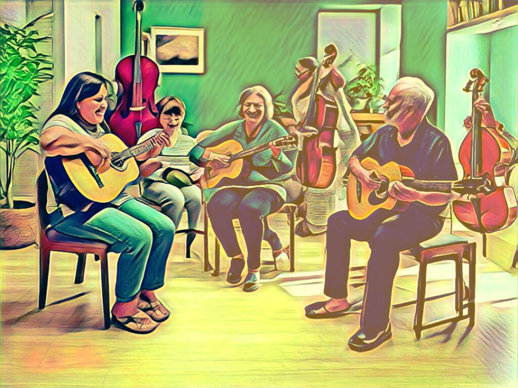 Eine Therapiegruppe musiziert gemeinsam.