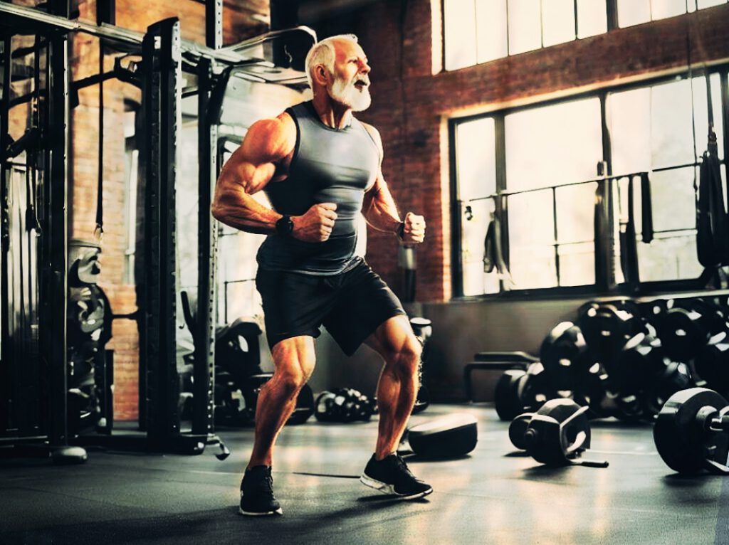 Ein älterer Mann mit vielen Muskeln im Gym.